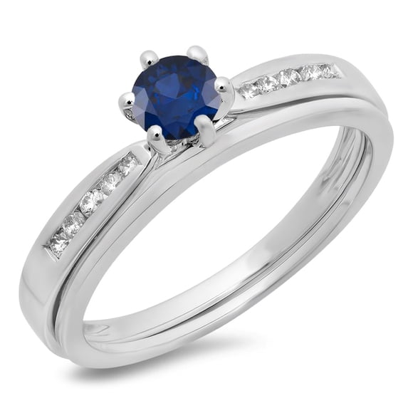 Dazzlingrock Collection 14K Blue Sapphire & White Diamond Bridal Engagement Ring With Matching Band Set, White Gold, Size 9.5