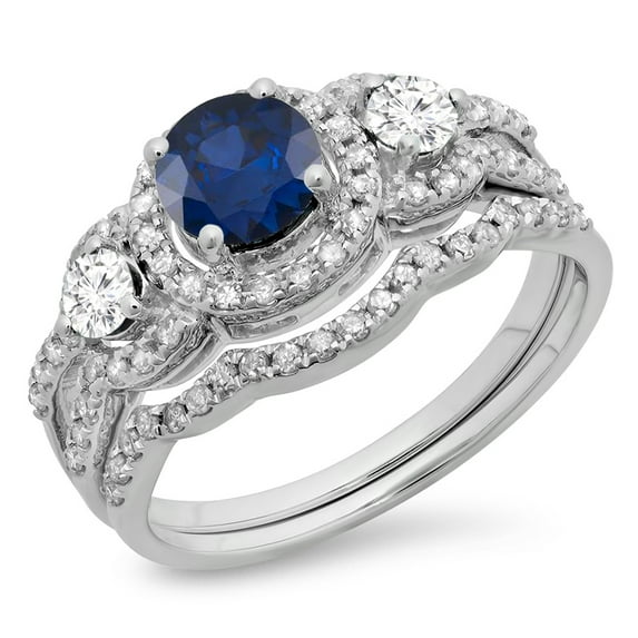 Dazzlingrock Collection 14K Blue Sapphire & White Diamond Ladies 3 Stone Halo Bridal Engagement Ring Set, White Gold, Size 10