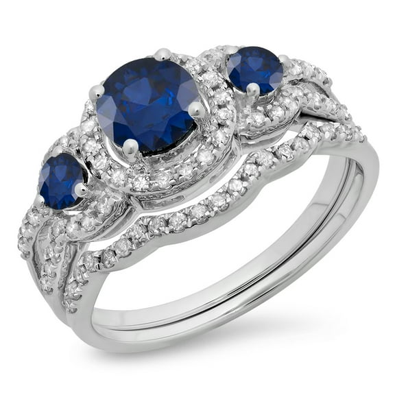 Dazzlingrock Collection 14K Blue Sapphire & White Diamond Ladies 3 Stone Halo Bridal Engagement Ring Set, White Gold, Size 10