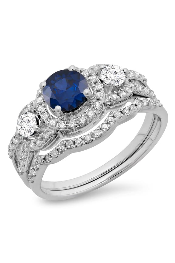 Collection 14K Blue Sapphire & White Diamond Ladies 3 Stone Halo Bridal Engagement Ring Set, White Gold, Size 4