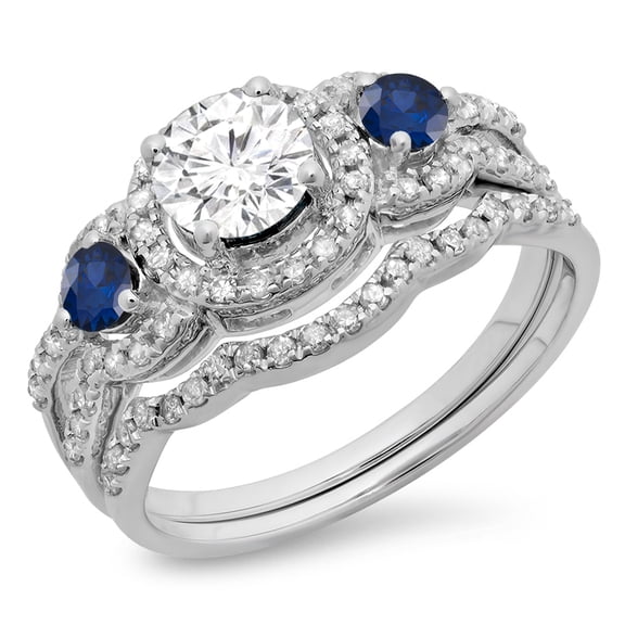 Dazzlingrock Collection 14K Blue Sapphire & White Diamond Ladies 3 Stone Halo Bridal Engagement Ring Set, White Gold, Size 7