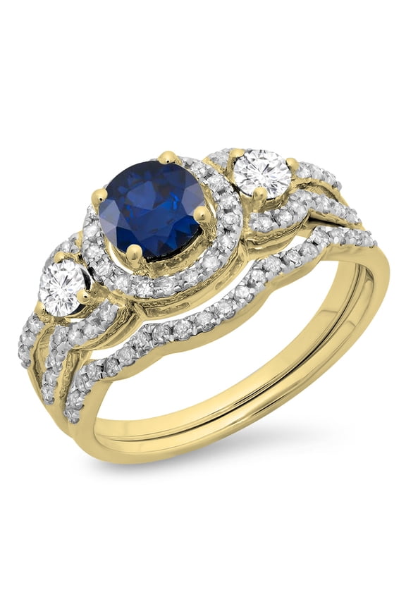 Collection 14K Blue Sapphire & White Diamond Ladies 3 Stone Halo Bridal Engagement Ring Set, Yellow Gold, Size 7