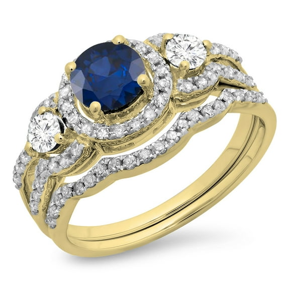 Dazzlingrock Collection 14K Blue Sapphire & White Diamond Ladies 3 Stone Halo Bridal Engagement Ring Set, Yellow Gold, Size 8.5