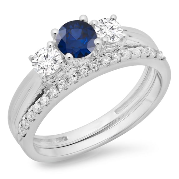 Dazzlingrock Collection 14K Blue Sapphire & White Diamond Ladies Bridal 3 Stone Engagement Ring Band Set, White Gold, Size 4