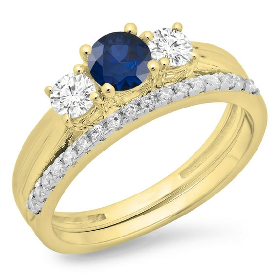 Dazzlingrock Collection 14K Blue Sapphire & White Diamond Ladies Bridal 3 Stone Engagement Ring Band Set, Yellow Gold, Size 5