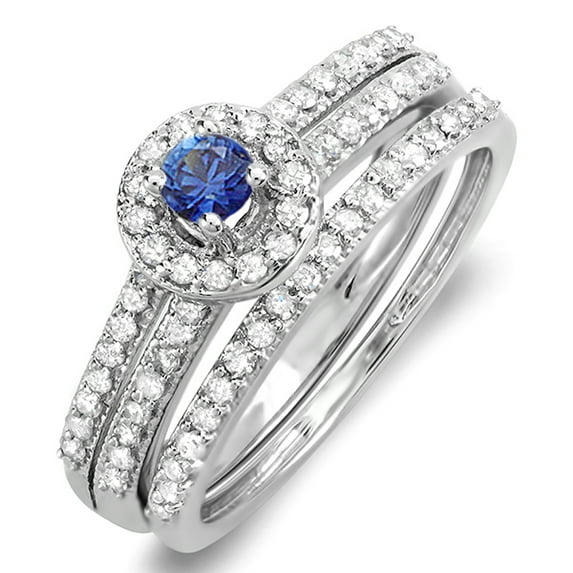 Dazzlingrock Collection 14K Blue Sapphire & White Diamond Ladies Halo Bridal Engagement Matching Band Set, White Gold, Size 5