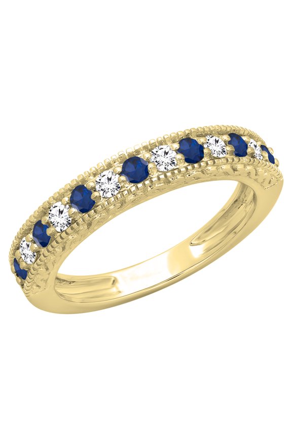 Collection 14K Blue Sapphire & White Diamond Ladies Millgrain Wedding Stackable Band, Yellow Gold, Size 7