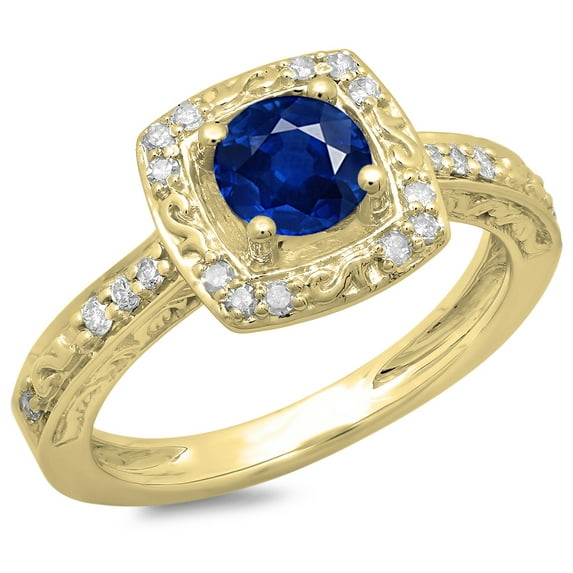 Dazzlingrock Collection 14K Blue Sapphire & White Diamond Ladies Vintage Halo Bridal Engagement Ring, Yellow Gold, Size 7