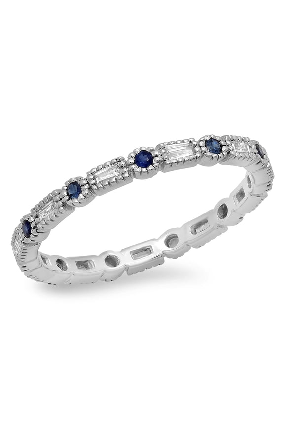 Collection 14K Blue Sapphire & White Diamond Ladies Vintage Wedding Eternity Stackable Ring, White Gold, Size 7