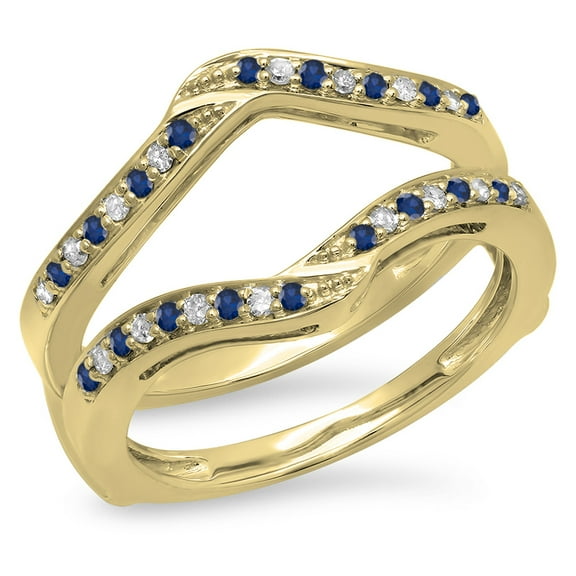 Dazzlingrock Collection 14K Blue Sapphire & White Diamond Ladies Wedding Band Enhancer Guard Double Ring, Yellow Gold, Size 8.5