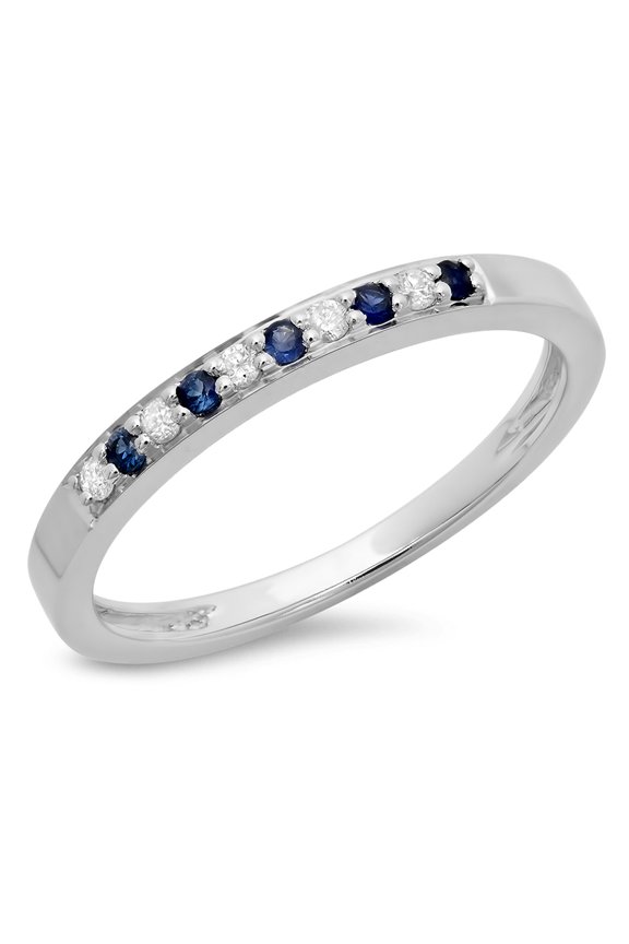 Collection 14K Blue Sapphire & White Diamond Ladies Wedding Band Stackable Ring, White Gold, Size 7