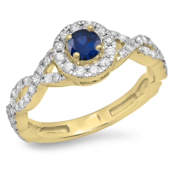 Dazzlingrock Collection 14K Blue Sapphire & White Diamond Swirl Split Shank Bridal Halo Engagement Ring, Yellow Gold, Size 9.5