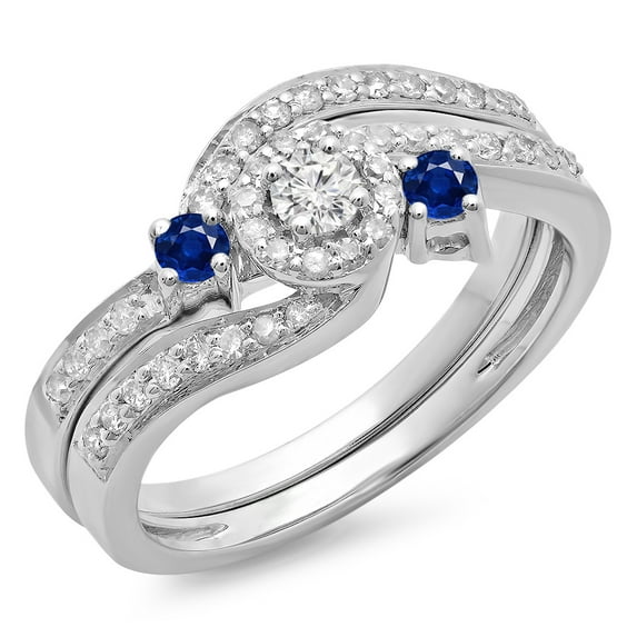 Dazzlingrock Collection 14K Blue Sapphire & White Diamond Twisted Swirl Bridal Halo Engagement Ring Set, White Gold, Size 8.5