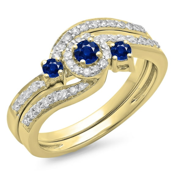 Dazzlingrock Collection 14K Blue Sapphire & White Diamond Twisted Swirl Bridal Halo Engagement Ring Set, Yellow Gold, Size 8.5