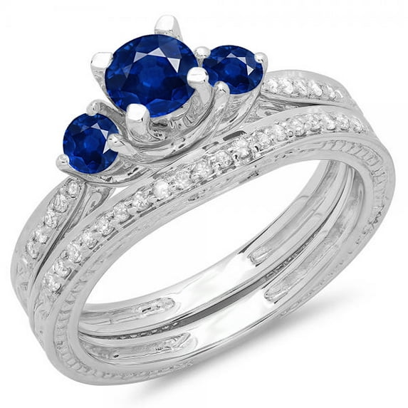 Dazzlingrock Collection 14K Blue Sapphire & White Diamond Vintage 3 Stone Bridal Engagement Ring Set, White Gold, Size 8