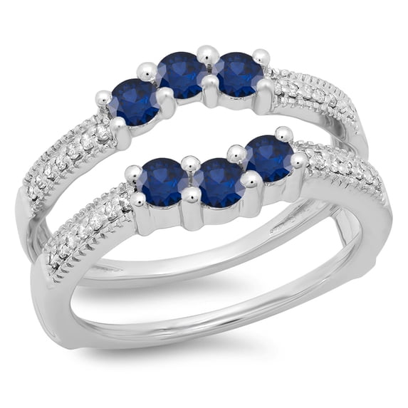 Dazzlingrock Collection 14K Blue Sapphire & White Diamond Wedding Band 3 Stone Enhancer Guard Double Ring, White Gold, Size 8