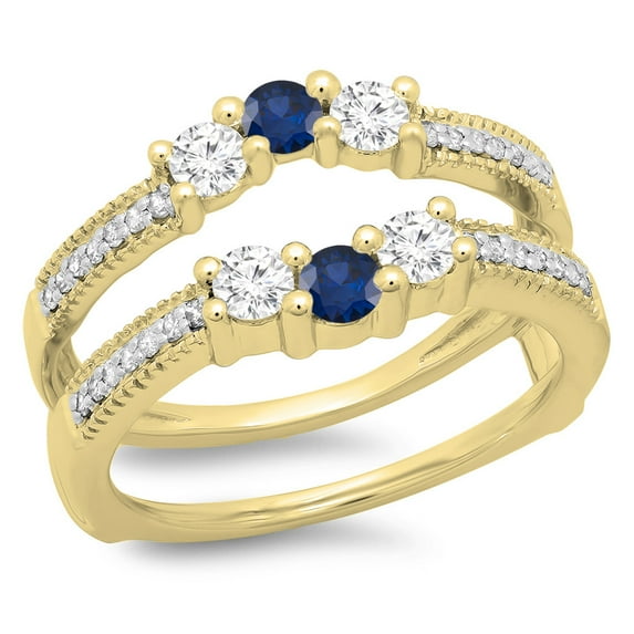 Dazzlingrock Collection 14K Blue Sapphire & White Diamond Wedding Band 3 Stone Enhancer Guard Double Ring, Yellow Gold, Size 6.5