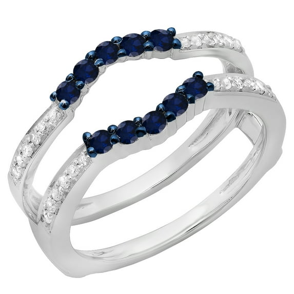 Dazzlingrock Collection 14K Blue Sapphire & White Diamond Wedding Band 5 Stone Enhancer Guard Double Ring, White Gold, Size 5.5