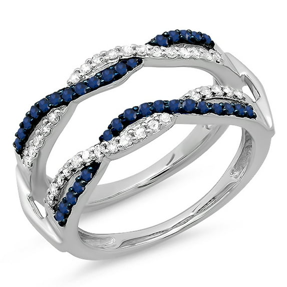Dazzlingrock Collection 14K Blue Sapphire & White Diamond Wedding Band Guard Double Band 1/2 CT, White Gold, Size 4.5
