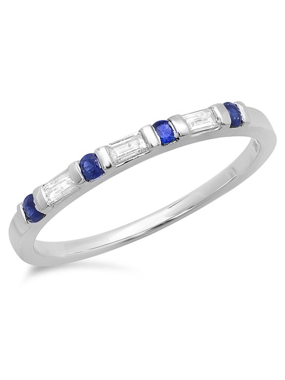 Collection 14K Blue Sapphire and White Diamond Anniversary Wedding Band Stackable Ring, White Gold, Size 6.5