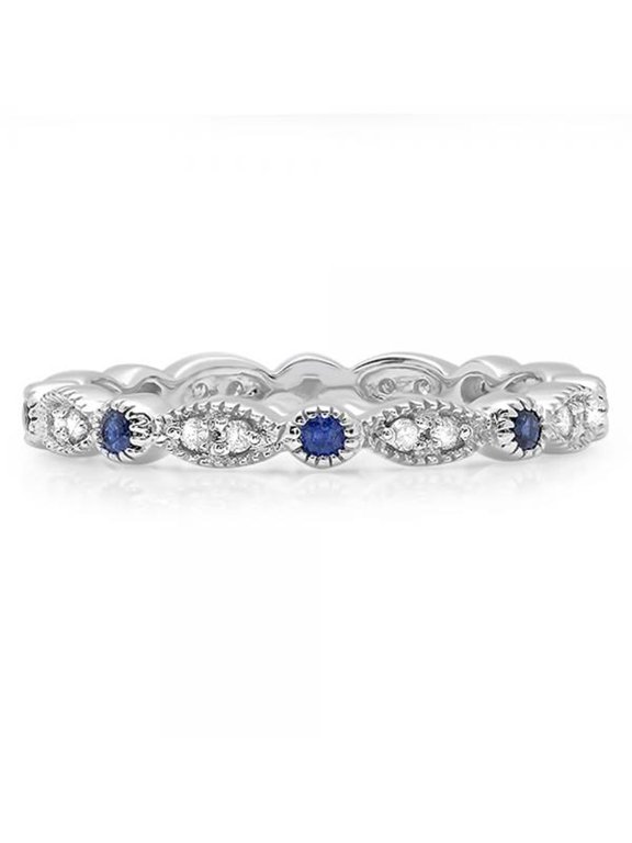 Collection 14K Blue Sapphire and White Diamond Anniversary Wedding Band Stackable Ring, White Gold, Size 8