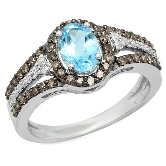 Dazzlingrock Collection 14K Blue Topaz, Champagne & White Diamond Halo Style Bridal Engagement Ring, White Gold, Size 5
