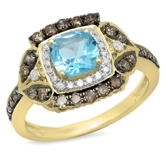 Dazzlingrock Collection 14K Blue Topaz & Champagne & White Diamond Halo Style Bridal Engagement Ring, Yellow Gold, Size 6.5