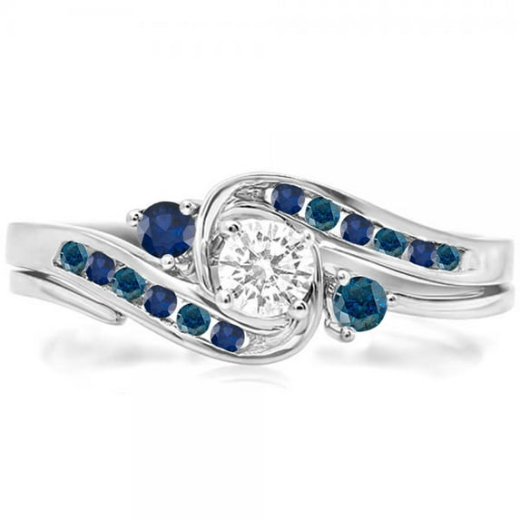 Dazzlingrock Collection 14K Blue & White Diamond & Blue Sapphire Swirl Bridal Engagement Ring Set, White Gold, Size 9.5