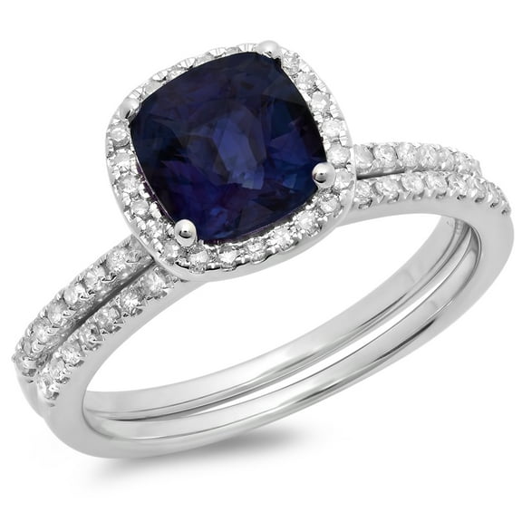 Dazzlingrock Collection 14K Cushion Cut Blue Sapphire & Round Diamond Ladies Engagement Ring Set, White Gold, Size 7
