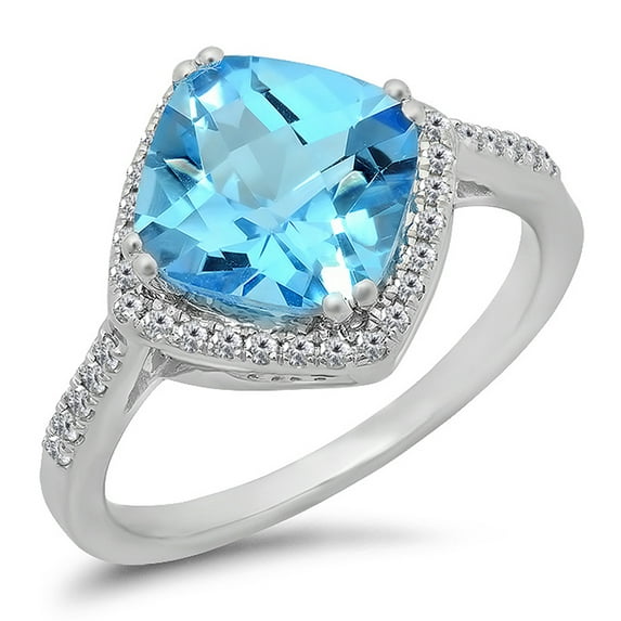 Dazzlingrock Collection 14K Cushion Cut Blue Topaz & Round Cut White Diamond Bridal Halo Engagement Ring, White Gold, Size 8
