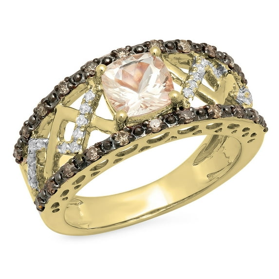 Dazzlingrock Collection 14K Cushion Morganite & Round Champagne & White Diamond Bridal Fashion Ring, Yellow Gold, Size 10