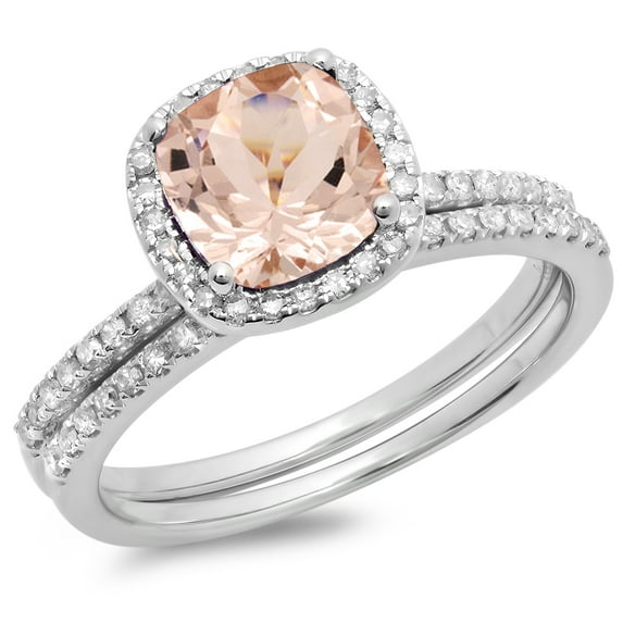 Dazzlingrock Collection 14K Cushion Morganite & Round White Diamond Ladies Bridal Halo Engagement Ring Set, White Gold, Size 8
