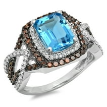 Dazzlingrock Collection 14K Emerald Blue Topaz & Round Champagne & White Diamond Engagement Ring, White Gold, Size 7