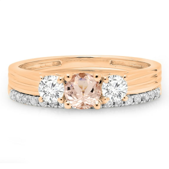 Dazzlingrock Collection 14K Morganite & White Diamond Bridal 3 Stone Engagement Ring Matching Band Set, Rose Gold, Size 4.5