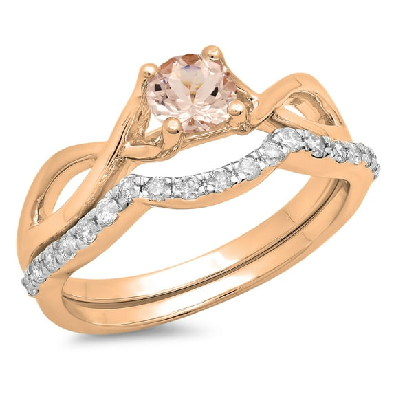 Dazzlingrock Collection 14K Morganite & White Diamond Bridal Split Shank Swirl Engagement Ring Set 3/4 CT, Rose Gold, Size 8