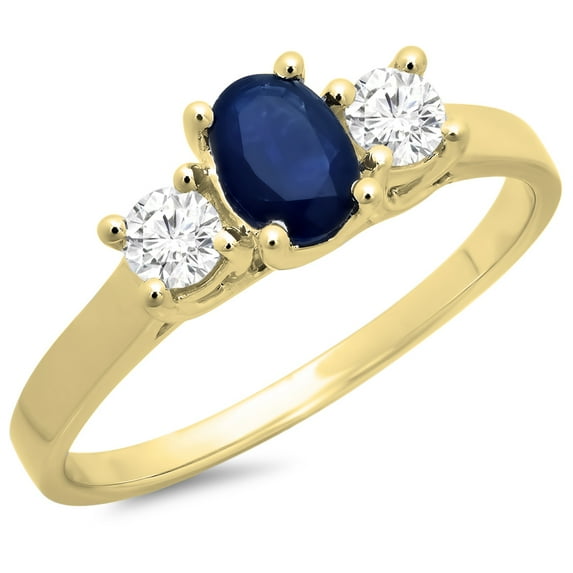 Dazzlingrock Collection 14K Oval Blue Sapphire & Round White Diamond Bridal 3 Stone Engagement Ring, Yellow Gold, Size 7