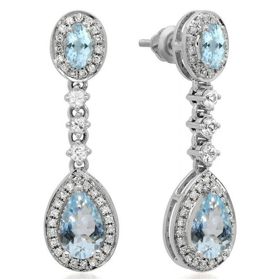 Dazzlingrock Collection 14K Pear & Oval Aquamarine & Round White Sapphire & Diamond Ladies Dangling Earrings, White Gold