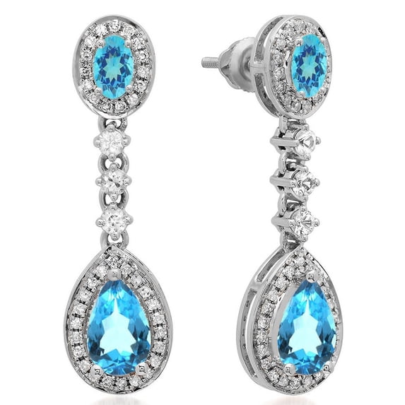 Dazzlingrock Collection 14K Pear & Oval Blue Topaz & Round White Sapphire & Diamond Ladies Dangling Earrings, White Gold