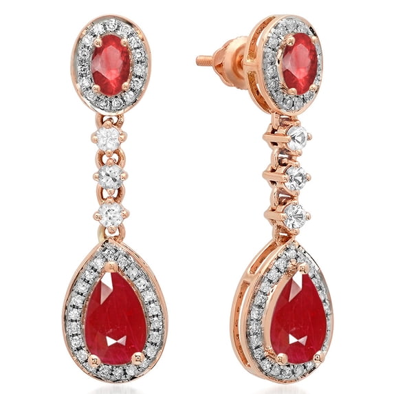 Dazzlingrock Collection 14K Pear & Oval Ruby & Round White Sapphire & Diamond Ladies Dangling Earrings, Rose Gold
