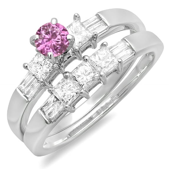 Dazzlingrock Collection 14K Pink Sapphire And White Diamond Ladies Bridal Engagement Ring Set, White Gold, Size 8