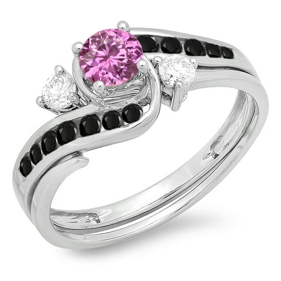 Dazzlingrock Collection 14K Pink Sapphire, Black & White Diamond Ladies Swirl Bridal Engagement Ring Set, White Gold, Size 5