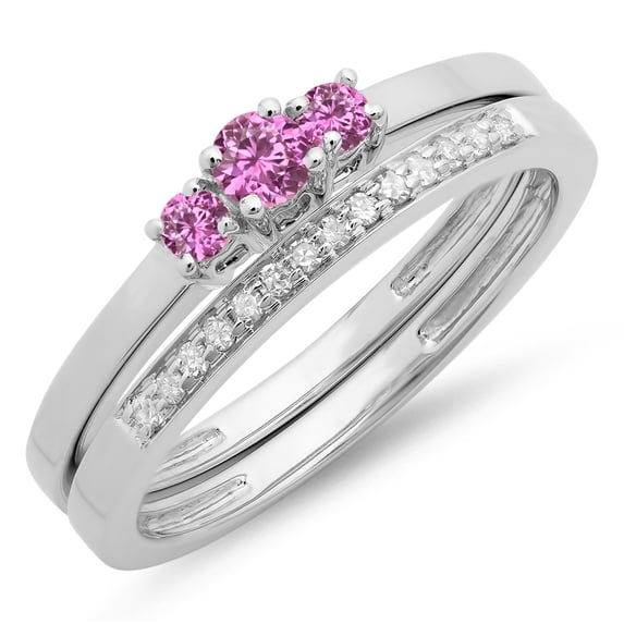 Dazzlingrock Collection 14K Pink Sapphire & White Diamond Bridal Engagement 3 Stone Ring Band Set, White Gold, Size 7.5