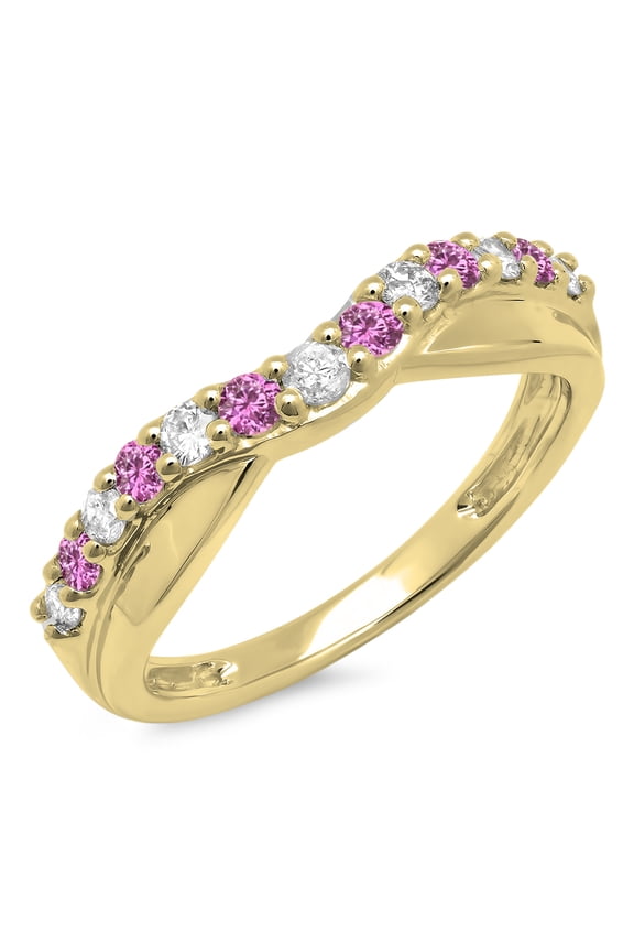 Collection 14K Pink Sapphire & White Diamond Ladies Anniversary Wedding Guard Contour Band, Yellow Gold, Size 7