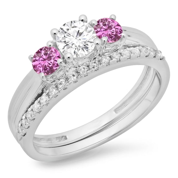 Dazzlingrock Collection 14K Pink Sapphire & White Diamond Ladies Bridal 3 Stone Engagement Ring Band Set, White Gold, Size 8