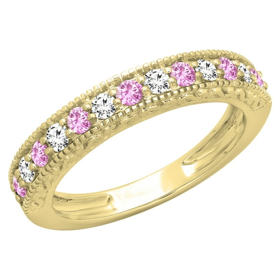 Dazzlingrock Collection 14K Pink Sapphire & White Diamond Ladies Millgrain Wedding Stackable Band, Yellow Gold, Size 6.5