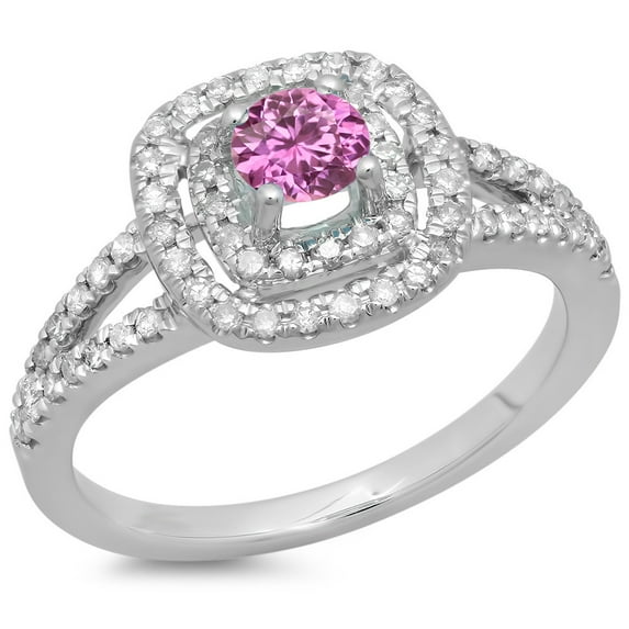 Dazzlingrock Collection 14K Pink Sapphire & White Diamond Ladies Split Shank Engagement Halo Bridal Ring, White Gold, Size 9