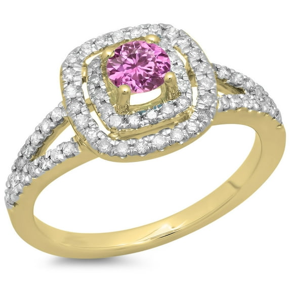 Dazzlingrock Collection 14K Pink Sapphire & White Diamond Ladies Split Shank Engagement Halo Bridal Ring, Yellow Gold, Size 6.5