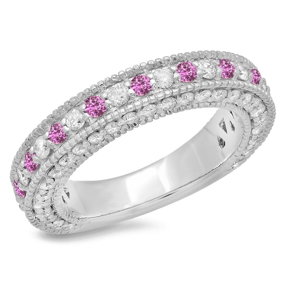 Dazzlingrock Collection 14K Pink Sapphire & White Diamond Millgrain Anniversary Wedding Stackable Band, White Gold, Size 6