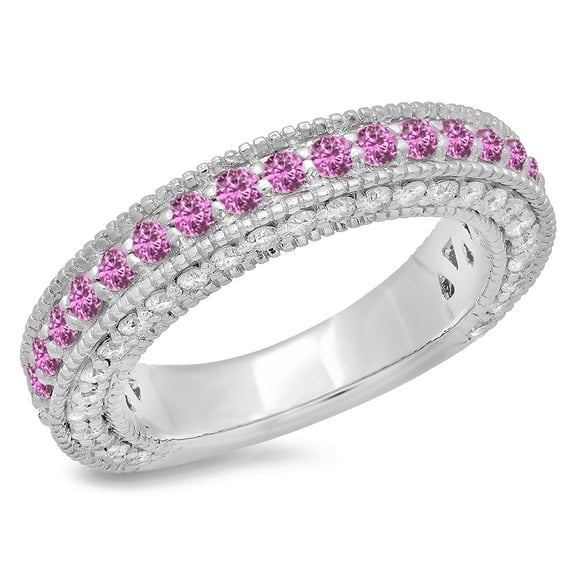 Dazzlingrock Collection 14K Pink Sapphire & White Diamond Millgrain Anniversary Wedding Stackable Band, White Gold, Size 9.5