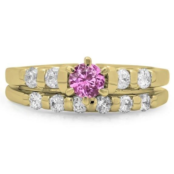 Dazzlingrock Collection 14K Pink Sapphire & White Diamond Solitaire With Accents Engagement Ring Set, Yellow Gold, Size 8.5